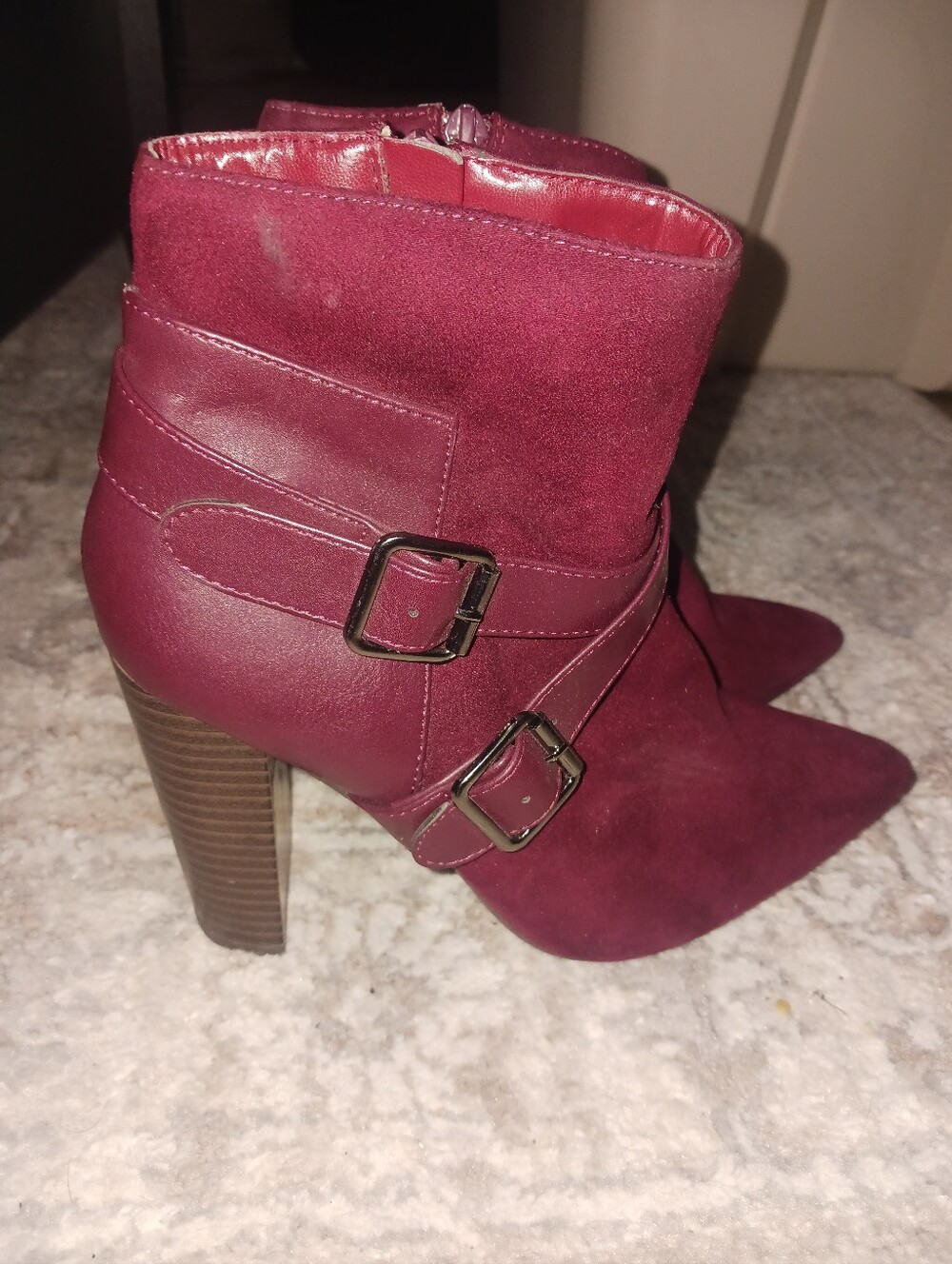 Pointed Toe Burgundy Suede & Leather Ankle Booties with Buckle Straps